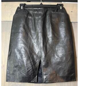 VTG Linda Allard Ellen Tracy Genuine Leather Mini Skirt Black Front Slit Size 6P
